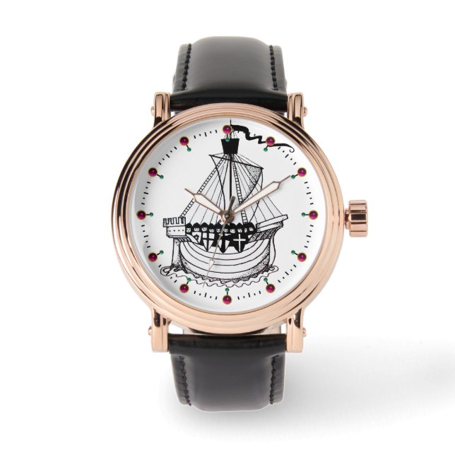 KNIGHTS TEMPLAR SCHIFF Schwarz-weiß Nautic Armbanduhr (Vorderseite)