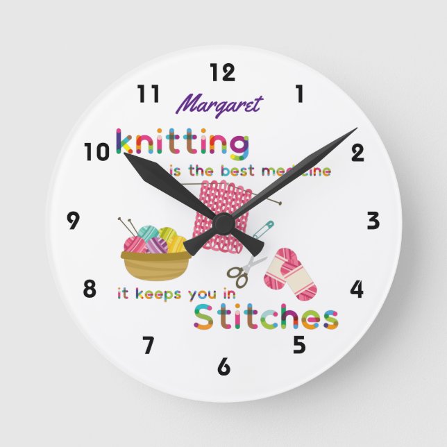 Knittern ist die beste Medizin Runde Wanduhr (Vorderseite)