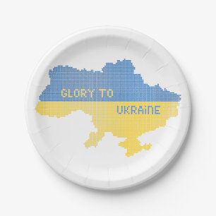 Knittern ukrainischer Staat Landkarte Text Ruhm an Pappteller