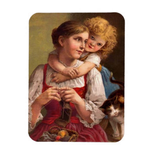 Knitting mother with child and cat magnet