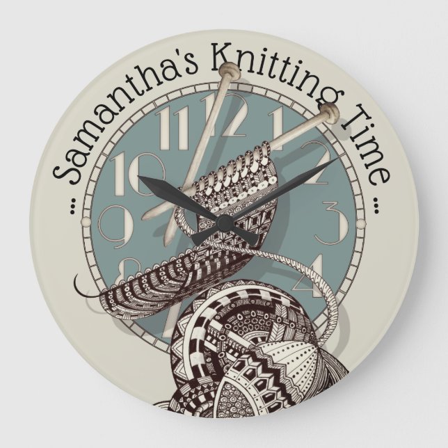 Knitting Time Doodle Art Illustration Große Wanduhr (Vorderseite)