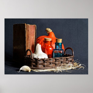 Knoblauch, altes Buch und medizinische Brille Poster