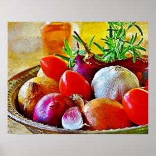 Knoblauch, Zwiebel, Tomatekunstwand für verzieren Poster