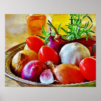 Knoblauch, Zwiebeln, Tomatenkunst für Dekoration.