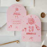 Knöchelhandgezeichneter Geburtstag trinkt rosa rot Einladung<br><div class="desc">Rosa und rote whimsical Hand gezeichnet editierbare Alter Geburtstag Getränke Cocktail Disco Ball Coquette Party einladen.</div>