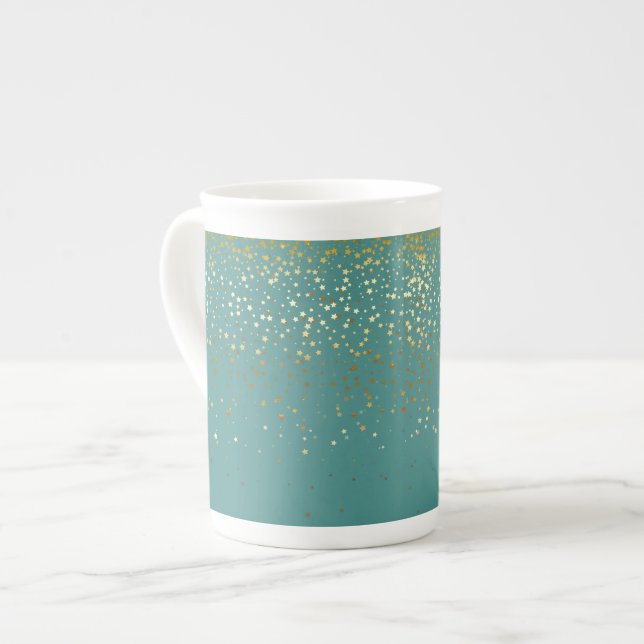 Knochen-China Tasse-Petite Golden Stars Aquamarin Prozellantasse (Vorderseite Links)