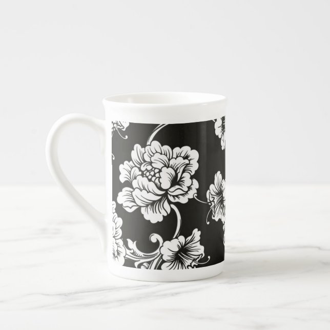 Knochen-China-Tasse Schwarz-Weiß-Blüte Prozellantasse (Links)