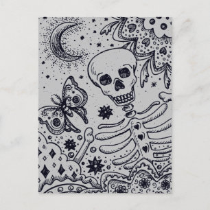 KNOCHEN IM GARTENSKELETON, FOLK ART MOON MOTH FEIERTAGSPOSTKARTE