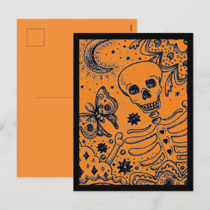 KNOCHEN IM GARTENSKELETON, FOLK ART MOON MOTH FEIERTAGSPOSTKARTE