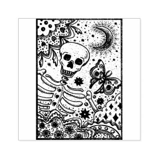 KNOCHEN IM GARTENSKELETON, FOLK ART MOON MOTH GUMMISTEMPEL