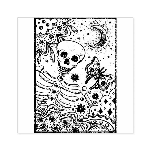 KNOCHEN IM GARTENSKELETON, FOLK ART MOON MOTH GUMMISTEMPEL (Prägung)