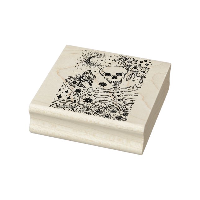 KNOCHEN IM GARTENSKELETON, FOLK ART MOON MOTH GUMMISTEMPEL (Stempel)