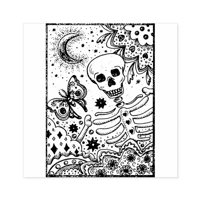 KNOCHEN IM GARTENSKELETON, FOLK ART MOON MOTH GUMMISTEMPEL (Prägung)