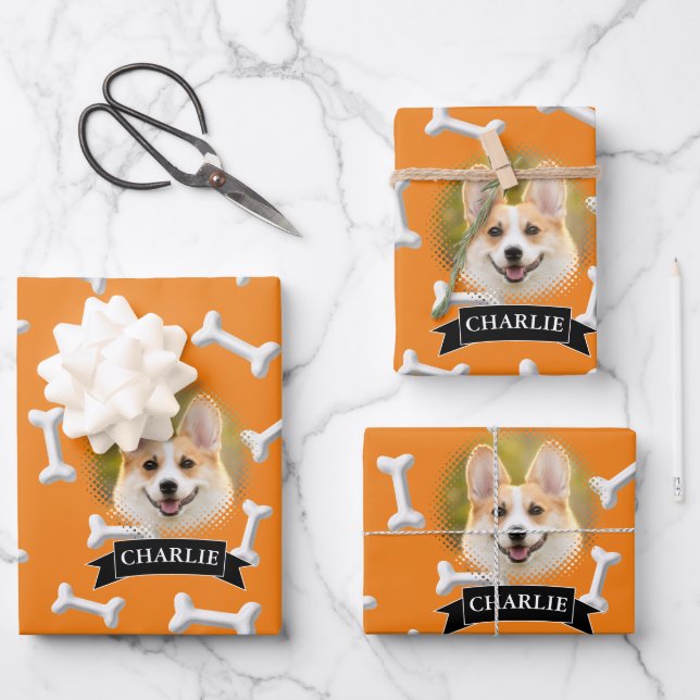 Knochen Muster Hund Individuelle Name Geschenkpapier Set (Vorderseite)