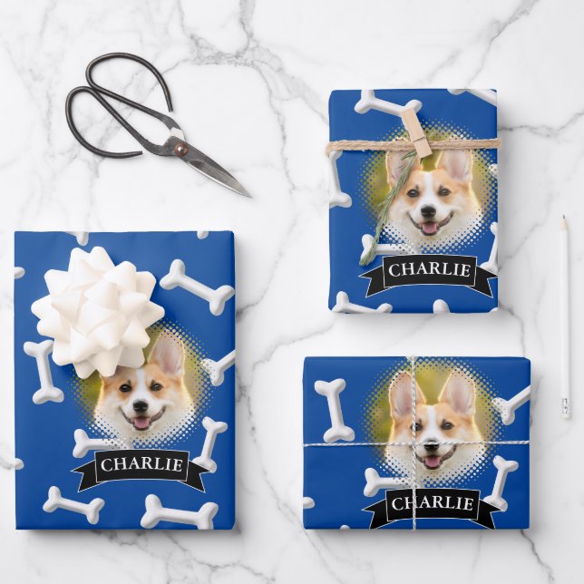 Knochen Muster Hund Individuelle Name Geschenkpapier Set (Vorderseite)