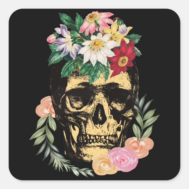 Knochen und Blume Quadratischer Aufkleber (Vorderseite)