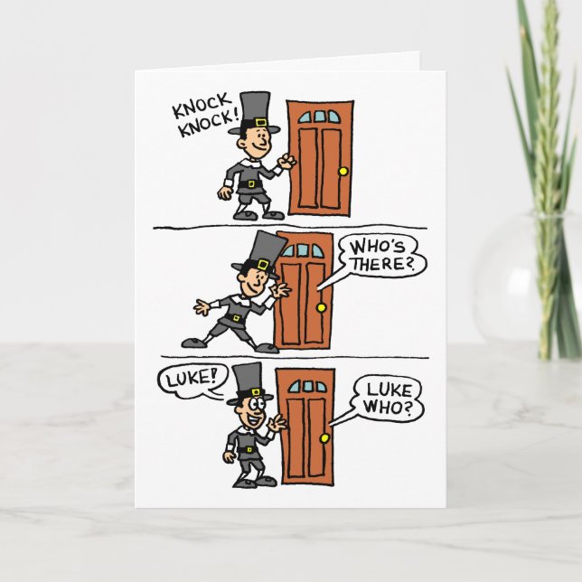 Knock Knock Cartoon Luke Pilgrim Erntedank Card Karte (Vorderseite)