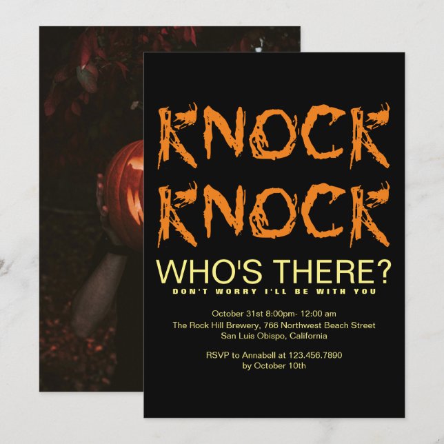 Knock Knock, der dort ist Foto Halloween-Party Inv Einladung (Vorne/Hinten)