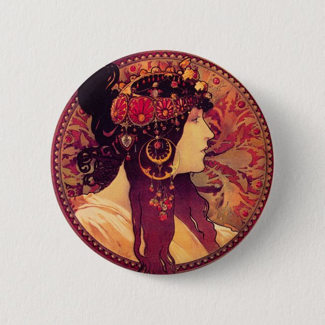 Knopf Alphonse Mucha Donna Orechini Button (Vorderseite)