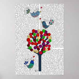 Knopf-Baum und Vögel blau Poster