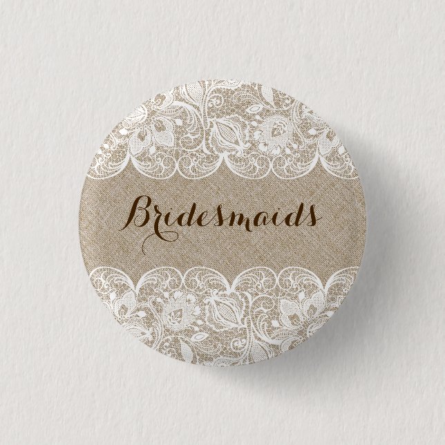 Knopf Beige Linen & White Lace Bridesmaier Button (Vorderseite)