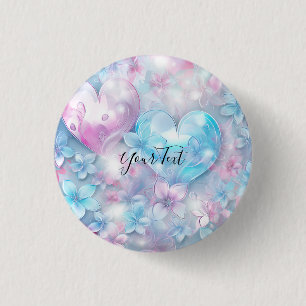 Knopf mit rosa-aquafarbenen Herzen und Blumen Button