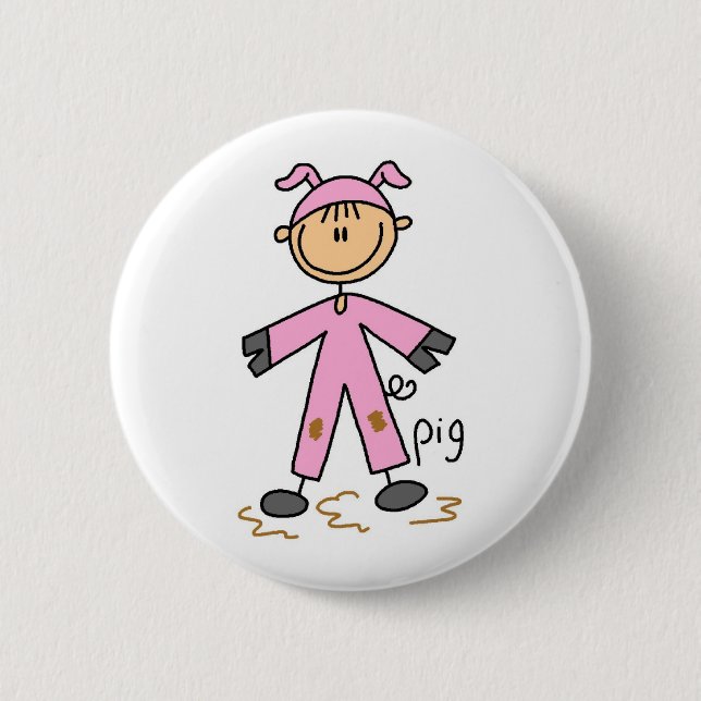 Knopf mit Stockfigur im Schweinekostüm Button (Vorderseite)