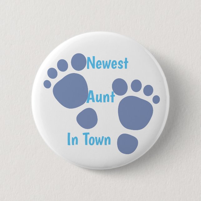 Knopf Neue Tante in Town Blue Baby Footprint Button (Vorderseite)