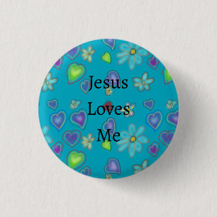 Knöpfe mit rosa Herzen, weißen Blumen und 'Jesus l Button