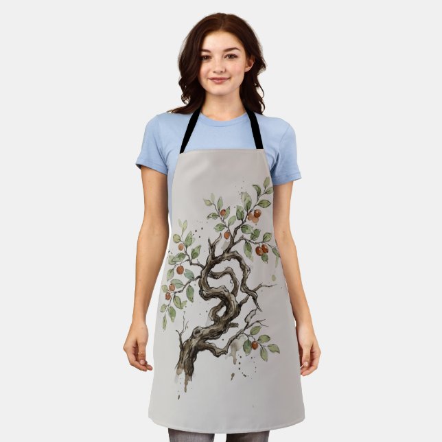 Knorriger Baum & Rote Früchte Aquarell Schürze (Getragen)