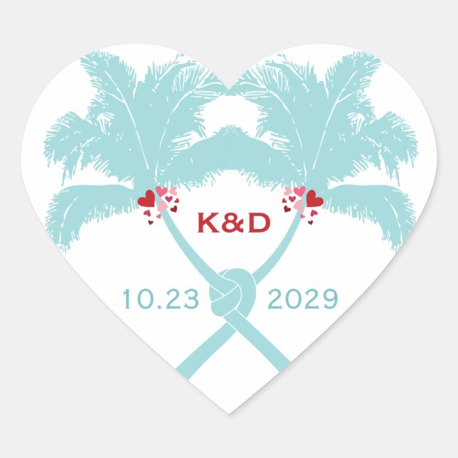 Knotted Palm Trees Hearts Tropical Beach Hochzeit Herz-Aufkleber (Vorderseite)