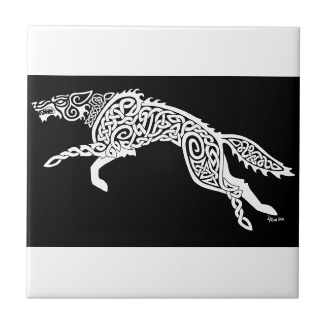 Knüpfarbeit-Wolf, weiß auf Schwarzem Fliese (Vorderseite)