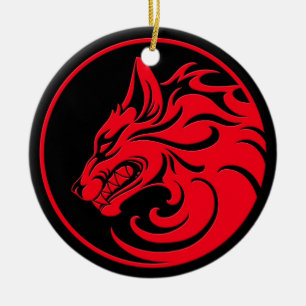 Knurren roter und schwarzer Wolf-Kreis Keramik Ornament