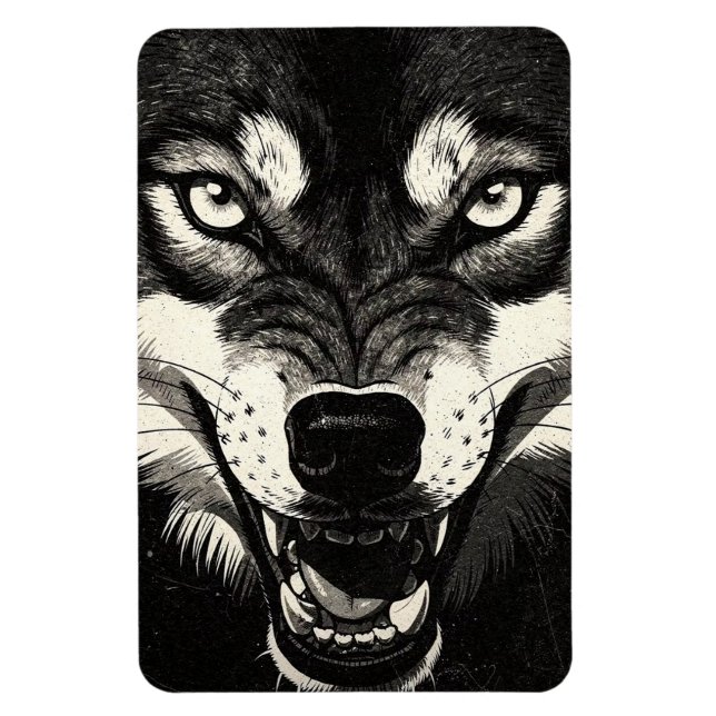 Knurrender Wolf 50er Schwarz-Weiß-Grafikstil  Magnet (Vertikal)