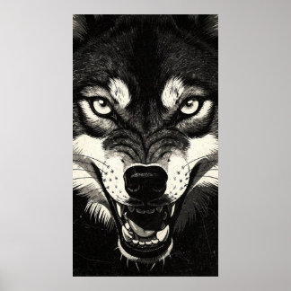 Knurrender Wolf 50er Schwarz-Weiß-Grafikstil  Poster