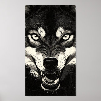Knurrender Wolf 50er Schwarz-Weiß-Grafikstil  Poster