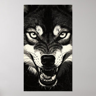 Knurrender Wolf 50er Schwarz-Weiß-Grafikstil  Poster