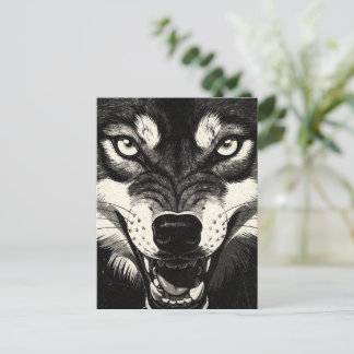 Knurrender Wolf BW-Grafik im Stil der 50er Jahre  Postkarte