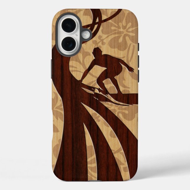 Koa Wood Surfer Imitate Holzsurfboard iPhone 16 Plus Hülle (Rückseite)