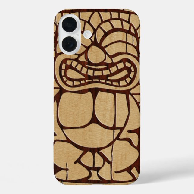 Koa Wood Tiki Ailani Surfboard iPhone 16 Plus Hülle (Rückseite)