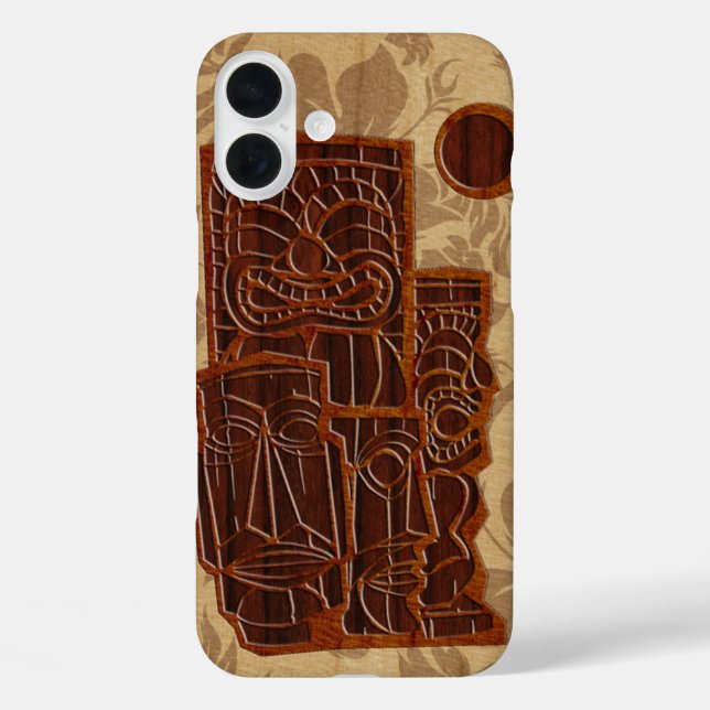 Koa Wood Tiki Sun Imitate HolzSurfboard iPhone 16 Plus Hülle (Rückseite)
