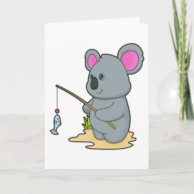 Koala als Fisher mit Angelstab und Fisch Karte (Vorderseite)