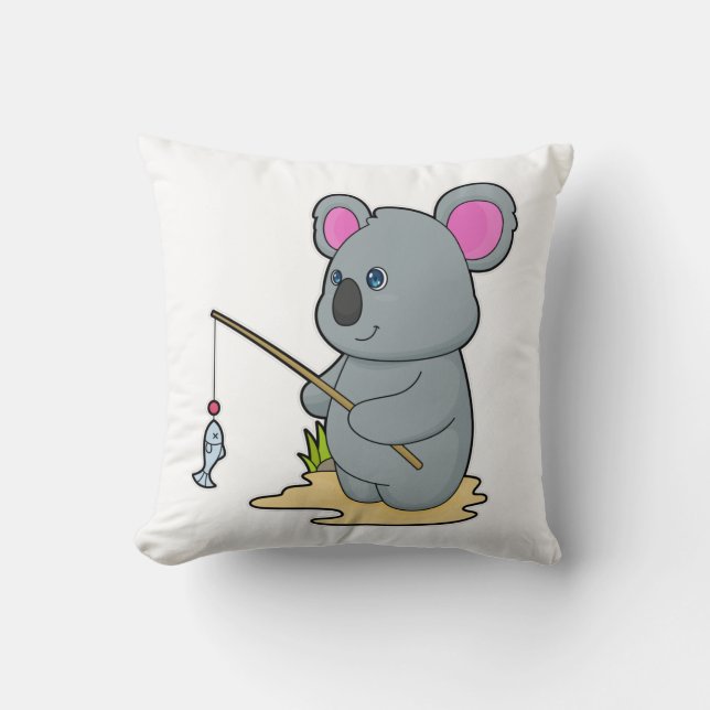 Koala als Fisher mit Angelstab und Fisch Kissen (Vorderseite)