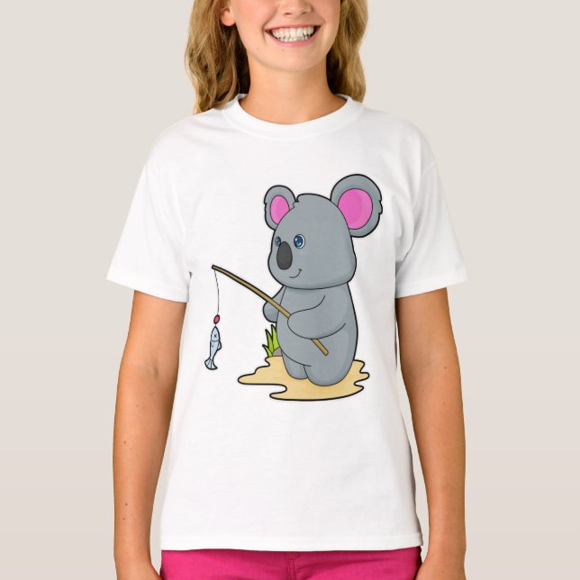 Koala als Fisher mit Angelstab und Fisch T-Shirt (Vorderseite)