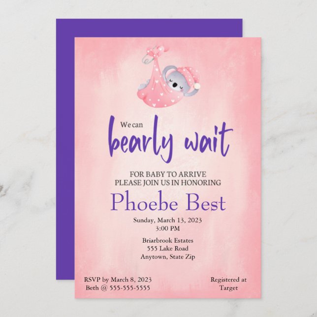 Koala bear Baby Dusche Einladung (Vorne/Hinten)