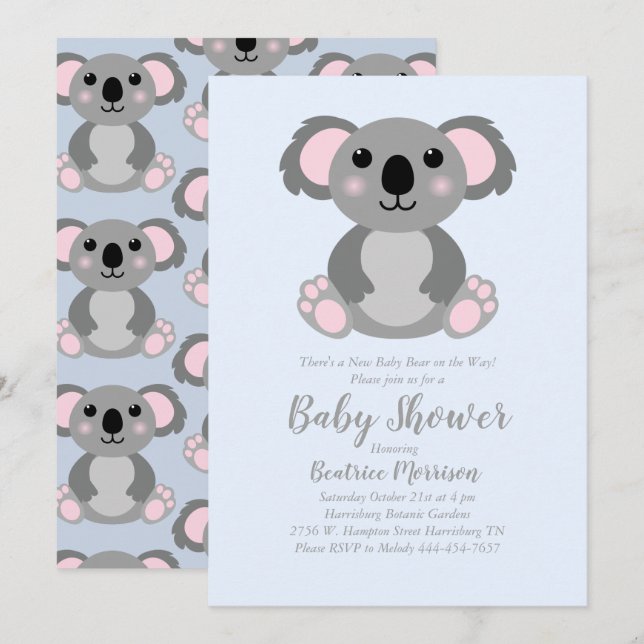 Koala Bear Baby Shower Blue Boy Einladung (Vorne/Hinten)