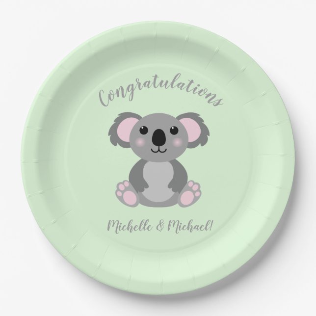 Koala Bear Baby Shower Green Gender Neutral Pappteller (Vorderseite)