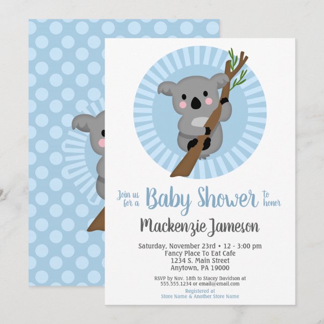 Koala Bear Blue Boys Babydusche Einladung (Vorne/Hinten)