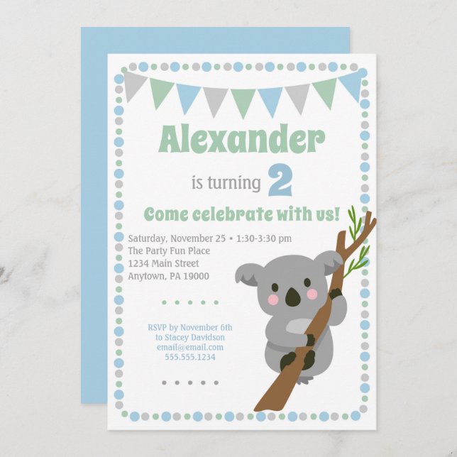 Koala Bear Invitation Cute Boy Anniversaire (Devant / Derrière)
