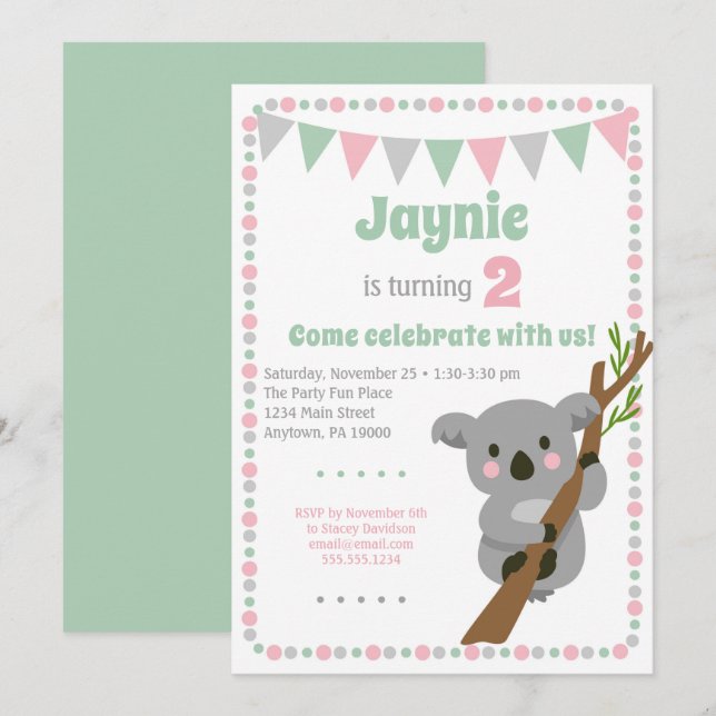 Koala Bear Invitation mignonne fête d'anniversaire (Devant / Derrière)